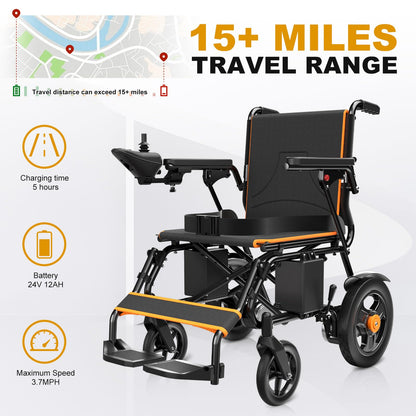 Foldable Electric Wheelchair for Adults, Lightweight Power Chair, Dual Motor Drive, 15 Mile Range, 360° Joystick Control