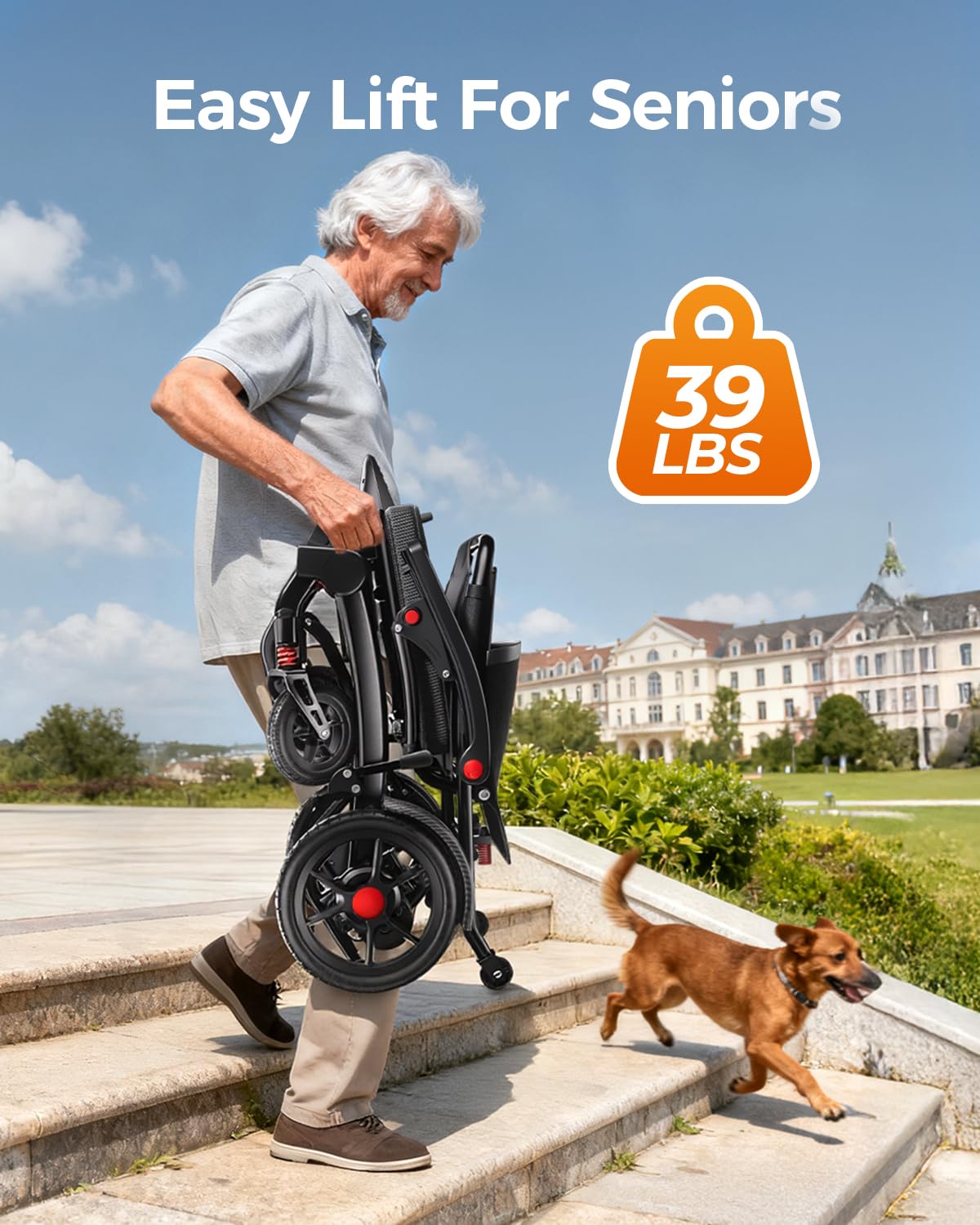 Ultra Lightweight Foldable Electric Wheelchair for Adults, 39 lb Portable Power Chair, 360° Joystick Control