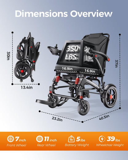 Ultra Lightweight Foldable Electric Wheelchair for Adults, 39 lb Portable Power Chair, 360° Joystick Control