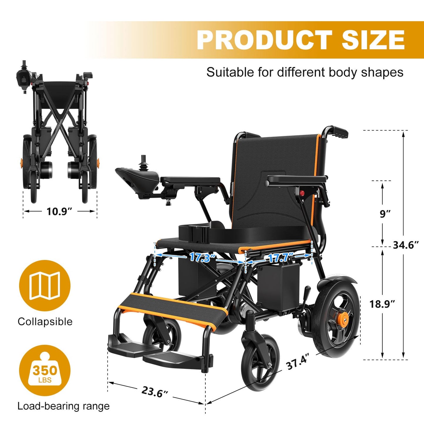 Foldable Electric Wheelchair for Adults, Lightweight Power Chair, Dual Motor Drive, 15 Mile Range, 360° Joystick Control