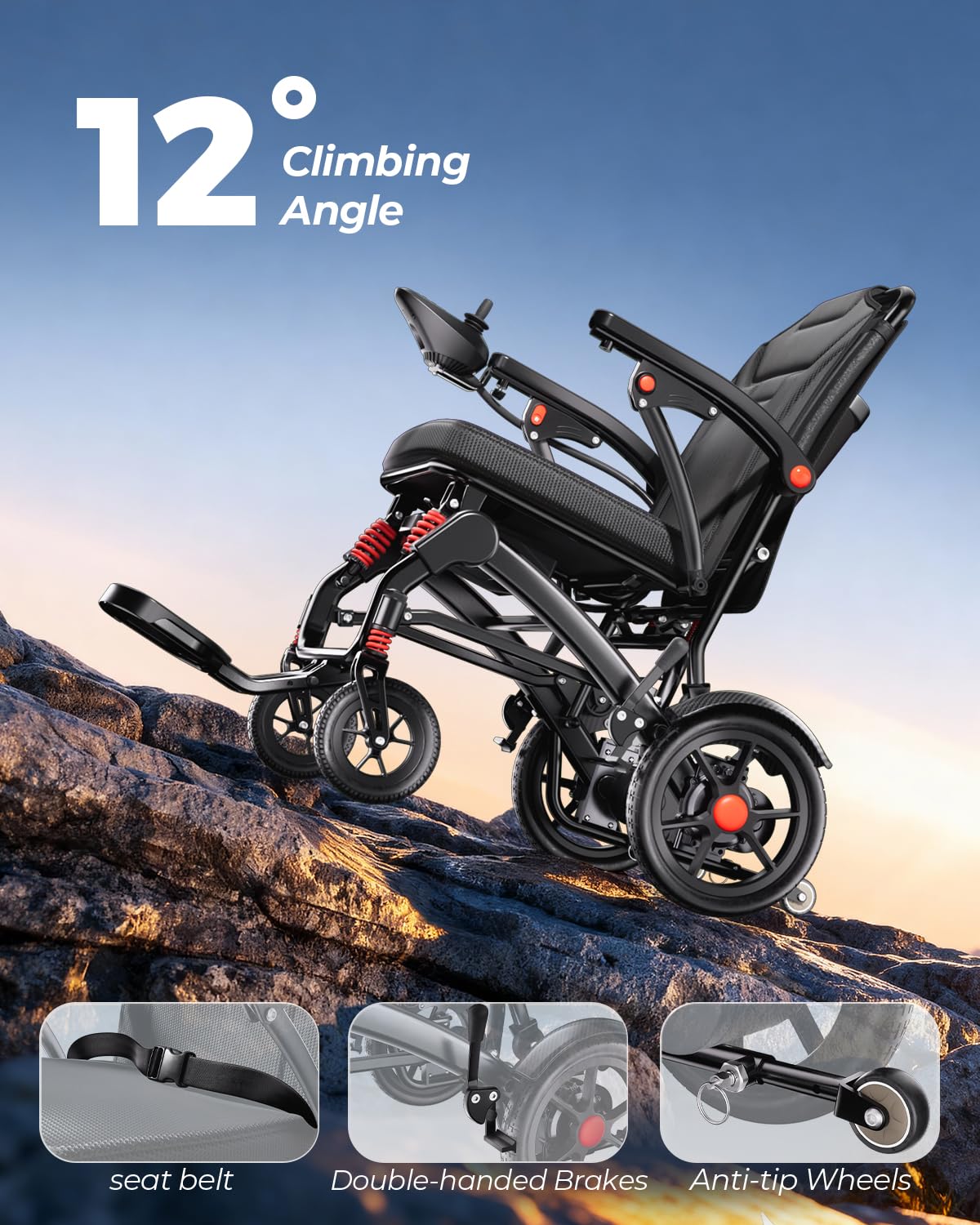 Ultra Lightweight Foldable Electric Wheelchair for Adults, 39 lb Portable Power Chair, 360° Joystick Control